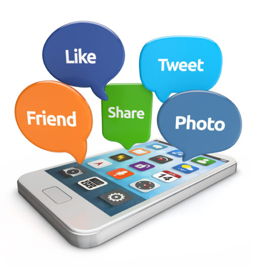 smartphone with social media bubbles (like, tweet, friend, share